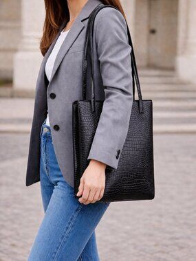 Enzo Angiolini Black Genuine Leather Croc Embossed Shoulder Tote Bag Structured